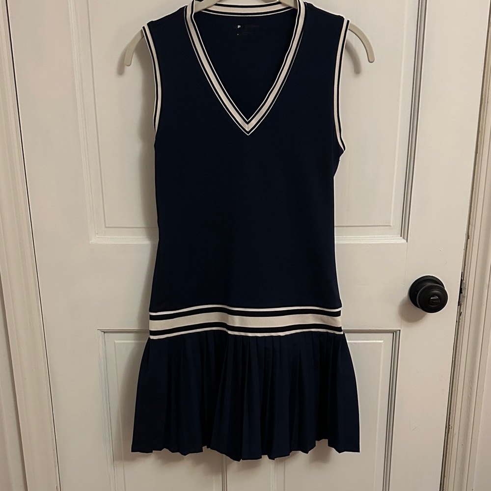 Tory Burch Navy and White Sleeveless V‑Neck Drop Waist Dress